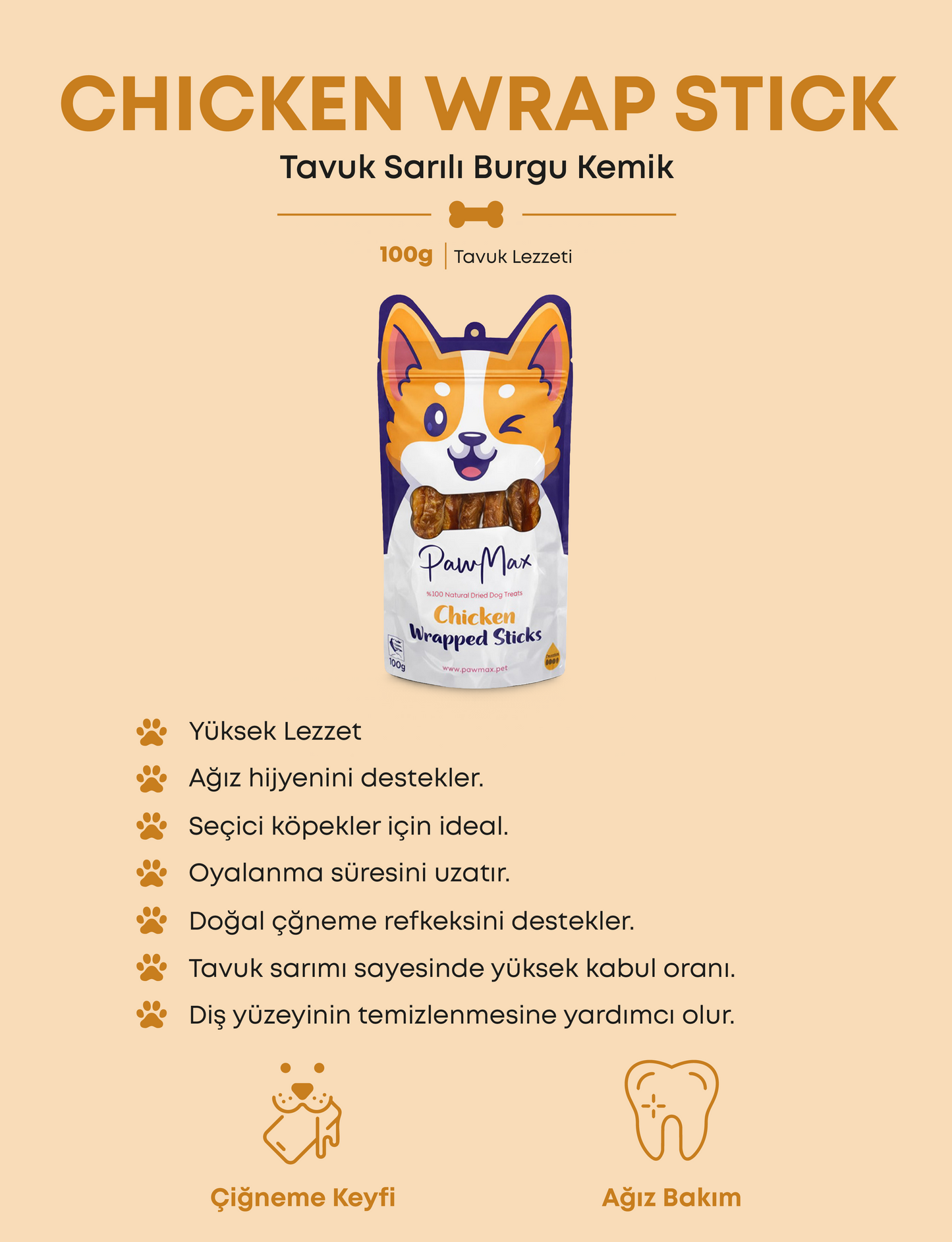 Tavuk Sarılı Burgu Çubuk - Doğal Köpek Ödül Maması | Chicken Wrapped Sticks