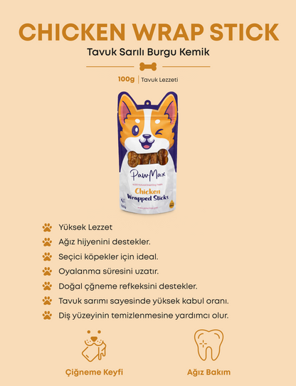 Tavuk Sarılı Burgu Çubuk - Doğal Köpek Ödül Maması | Chicken Wrapped Sticks